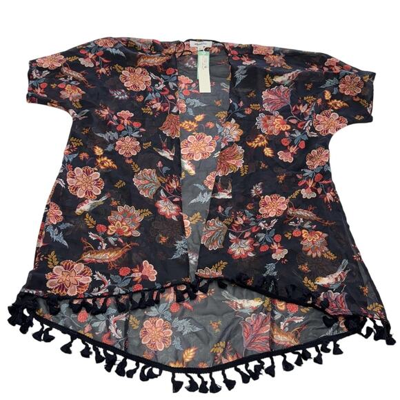 Alice Blue Kimono Womens Large Black Floral Adalin Tassel Detail Sheer Top NWT - Picture 1 of 7